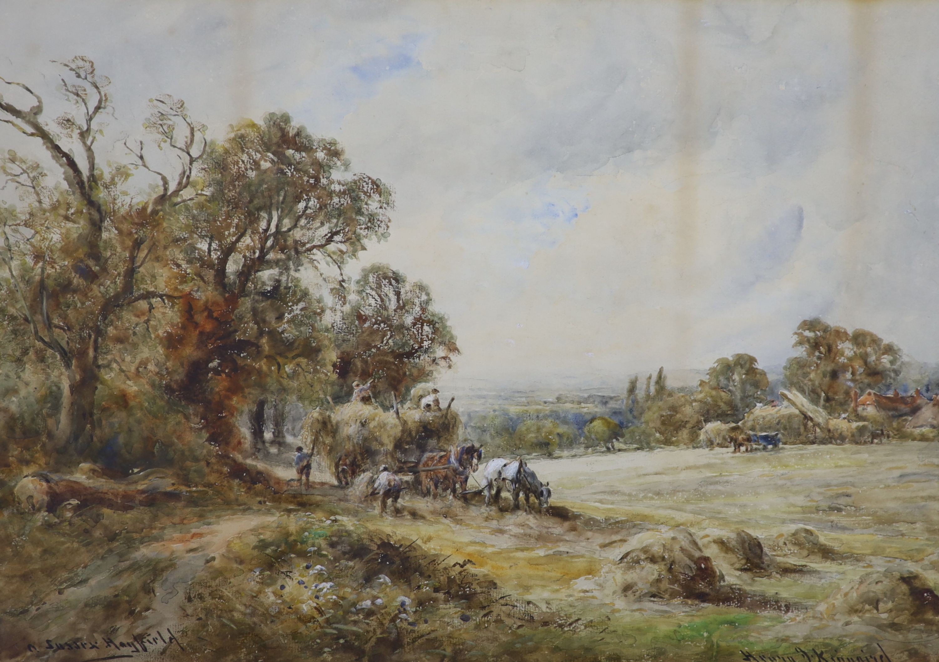 Henry J. Kinnaird (Exh.1880-1908), watercolor, 'A Sussex Hayfield', signed, 35 x 52cm